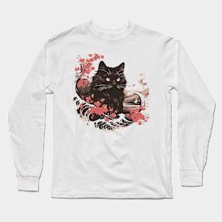 Black cat kanagawa wave Long Sleeve T-Shirt